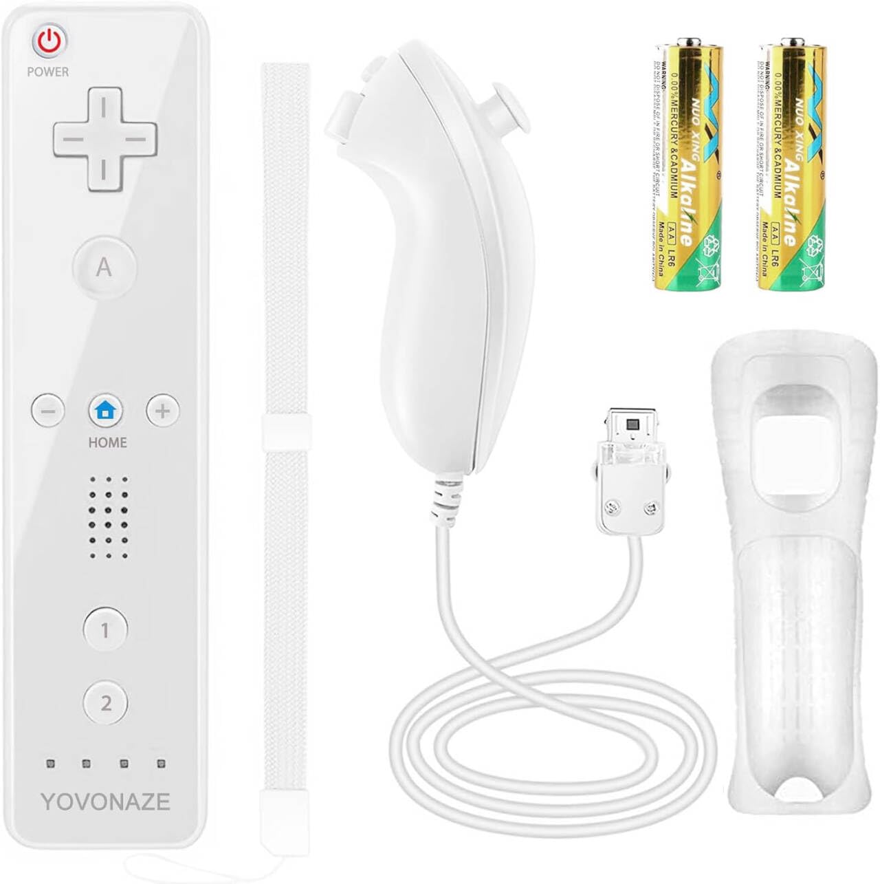 Compatible with Nintendo Wii Controller, Wii Remote with Nunchuck and Nunchuck Controller with Silicone Case and Wrist Strap for Wii and Wii U, Included 2 AA Batteries (White)