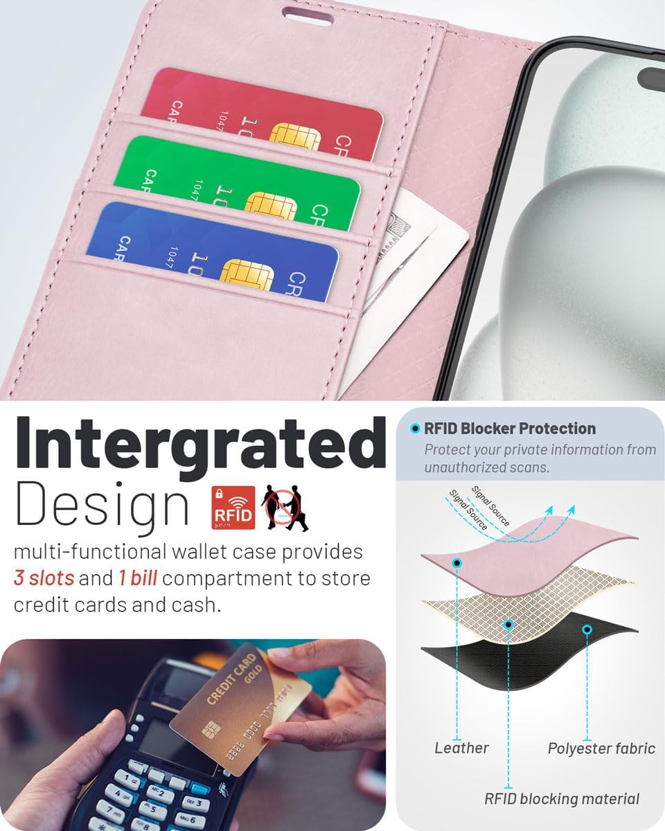 OCASE Compatible with iPhone 16 Wallet Case, PU Leather Flip Folio Case with Card Holders RFID Blocking Kickstand [Shockproof TPU Inner Shell] Phone Cover 6.1 Inch 2024, Light Pink