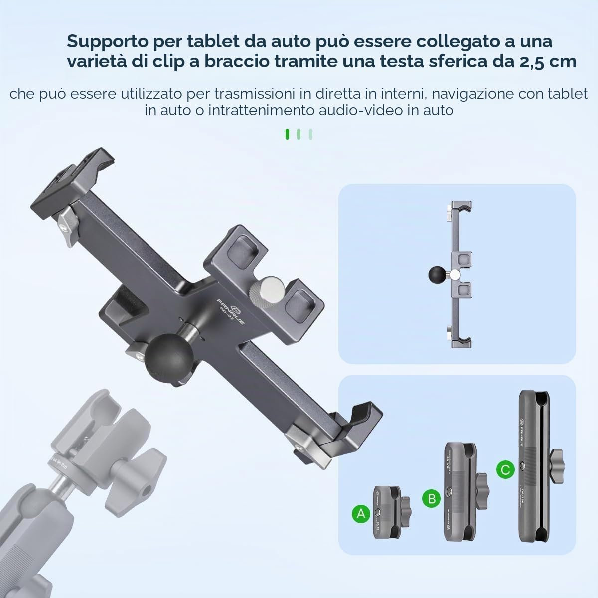 FANAUE Supporto in metallo per iPad con adattatore a sfera da 1 pollici, girevole a 360°, adatto per parabrezza, cruscotto o scrivania, per tutti i tablet da 8 a 12,9"