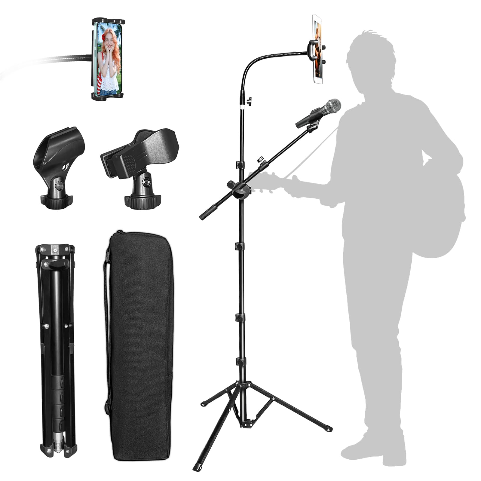 208,3 cm hoher Mikrofon- und iPad-Bodenstativ, faltbar, robuster Galgen-Mikrofonständer mit Handy-/Tablet-Halterung, Dual-Gerätehalterung für Singen, Performance, Karaoke, Sprache, Bühne und