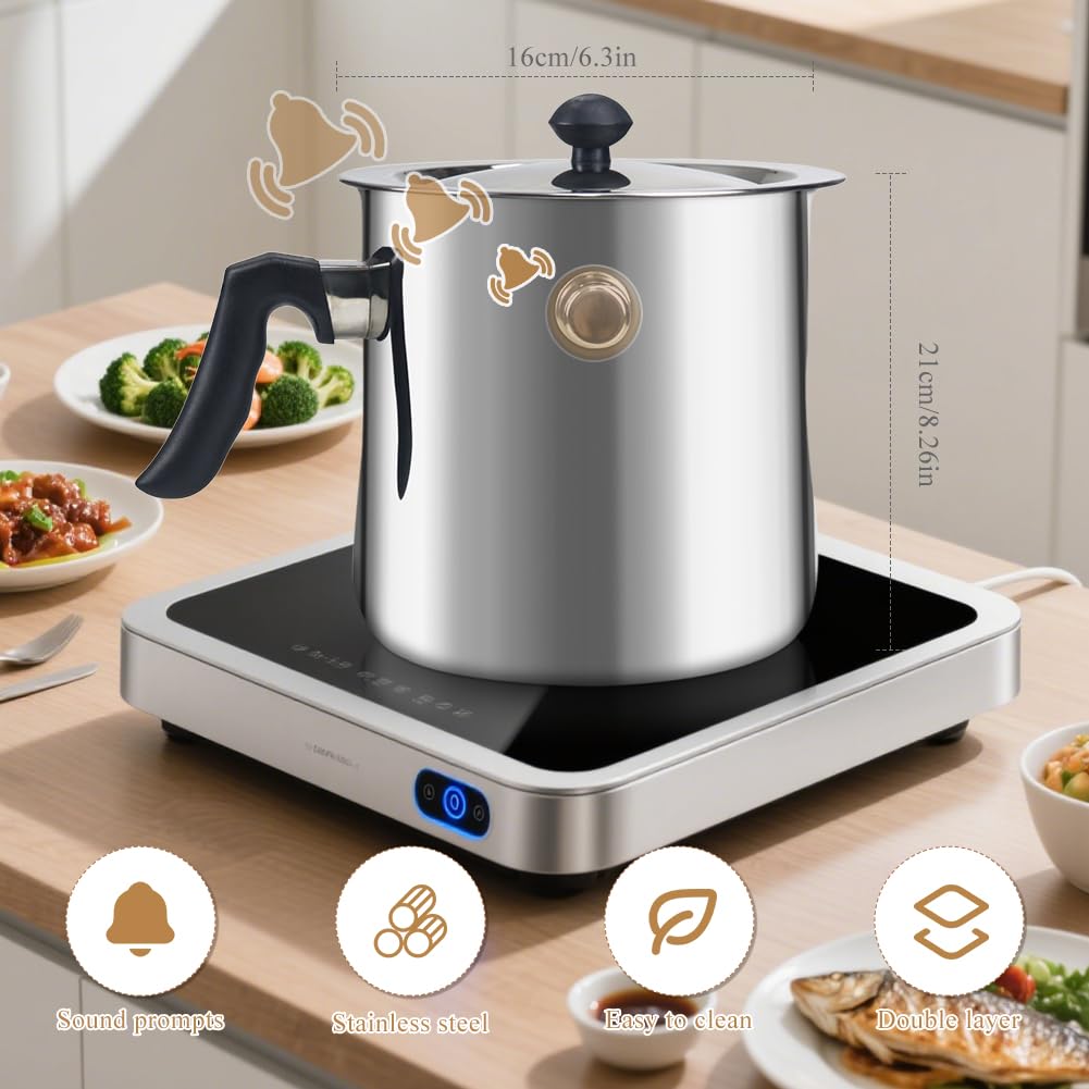 Pentola per latte con coperchio, 1,5 l, con pipa, a doppia parete, con manico in bachelite, per budini, bagnomaria, in acciaio inox, per induzione a gas (argento, acciaio inox)
