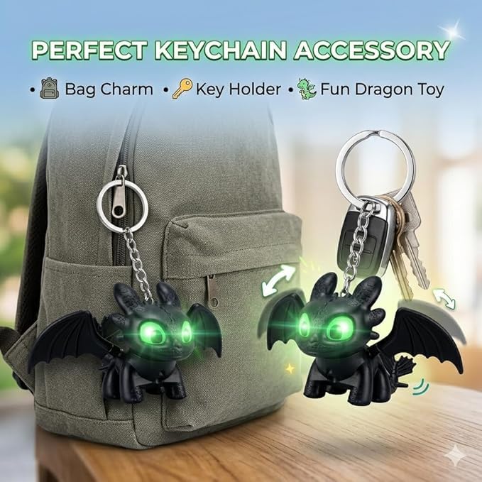 Image of Dragon Keychain Night Fury Light Up Moving Wings Toy Kids Black Fancy Cartoon Scho Bag Backpack Keyring Gift For With Collectible Battery Operated Novelty Fantasy Mini Item
