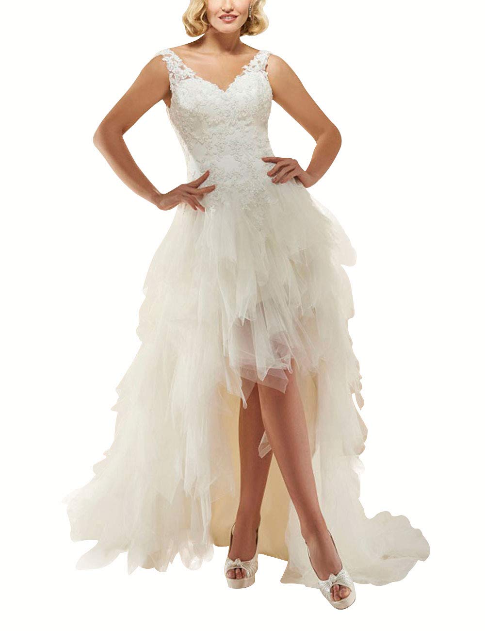 Tul Asimétrico V Cuello Vestidos de Noche Retro Cóctel Vestidos de Baile Vestidos de Baile Expuestos, Blanco, 46
