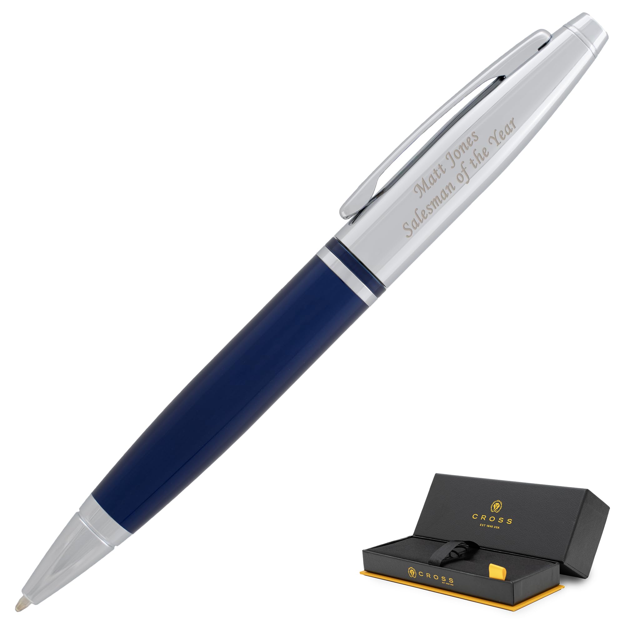Engraved Cross Calais Ballpoint Pen in Blue Lacquer with Chrome Cap. Personalized Graduation, Business, or Milestone Gift Includes 2 Lines of Text.