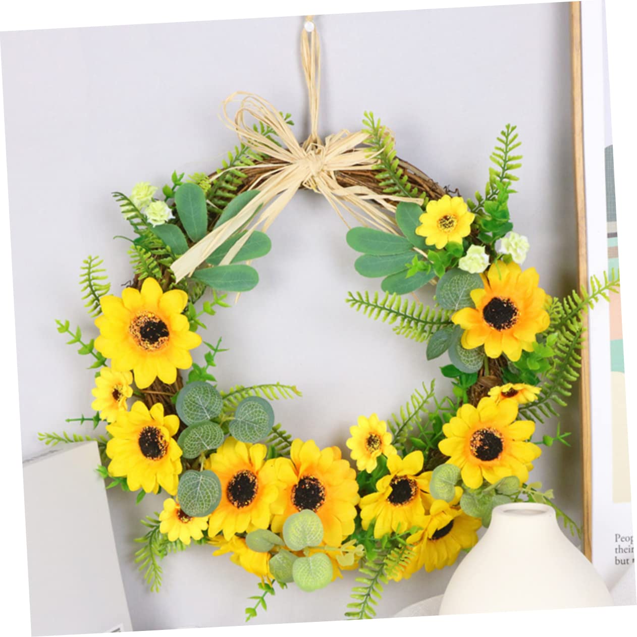 Amosfun Künstlicher Sonnenblumen Kranz Wandkranz Retro Türkranz Landhausstil Gelbe Blume Girland Kranz Ostern Frühling Herbst Dekoration Willkommen Zeichen für Hochzeit Party Haustür Garten