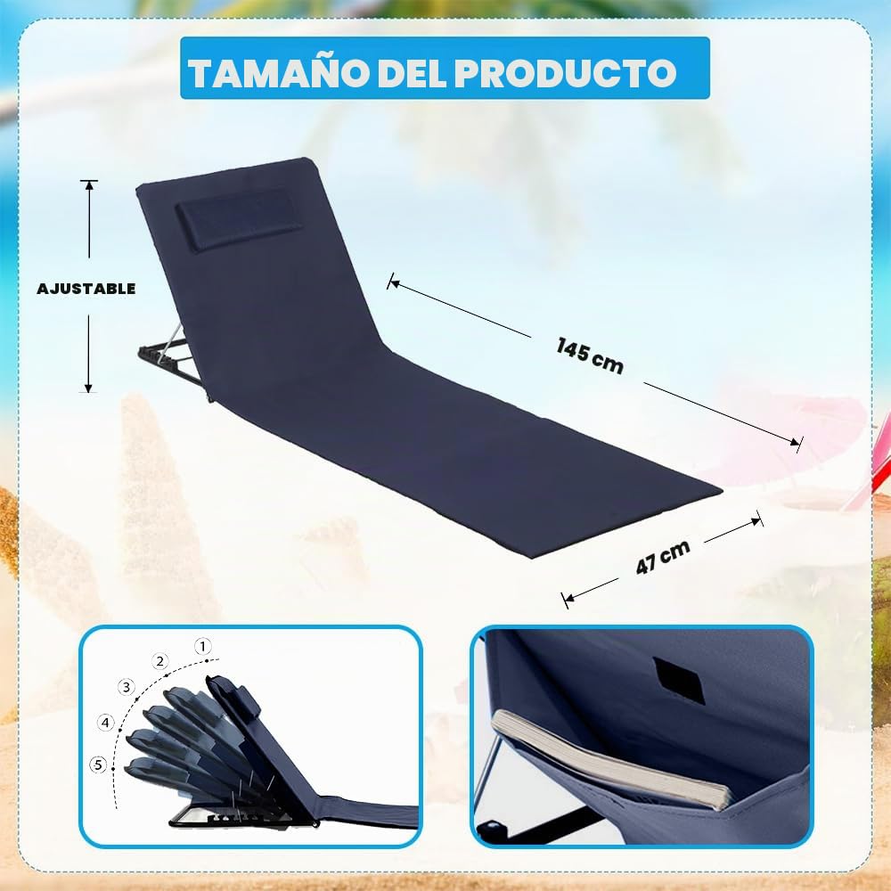 Esterilla de Playa Plegable con Respaldo Ajustable, Reposa Espalda Playa con Dolsa de Transporte