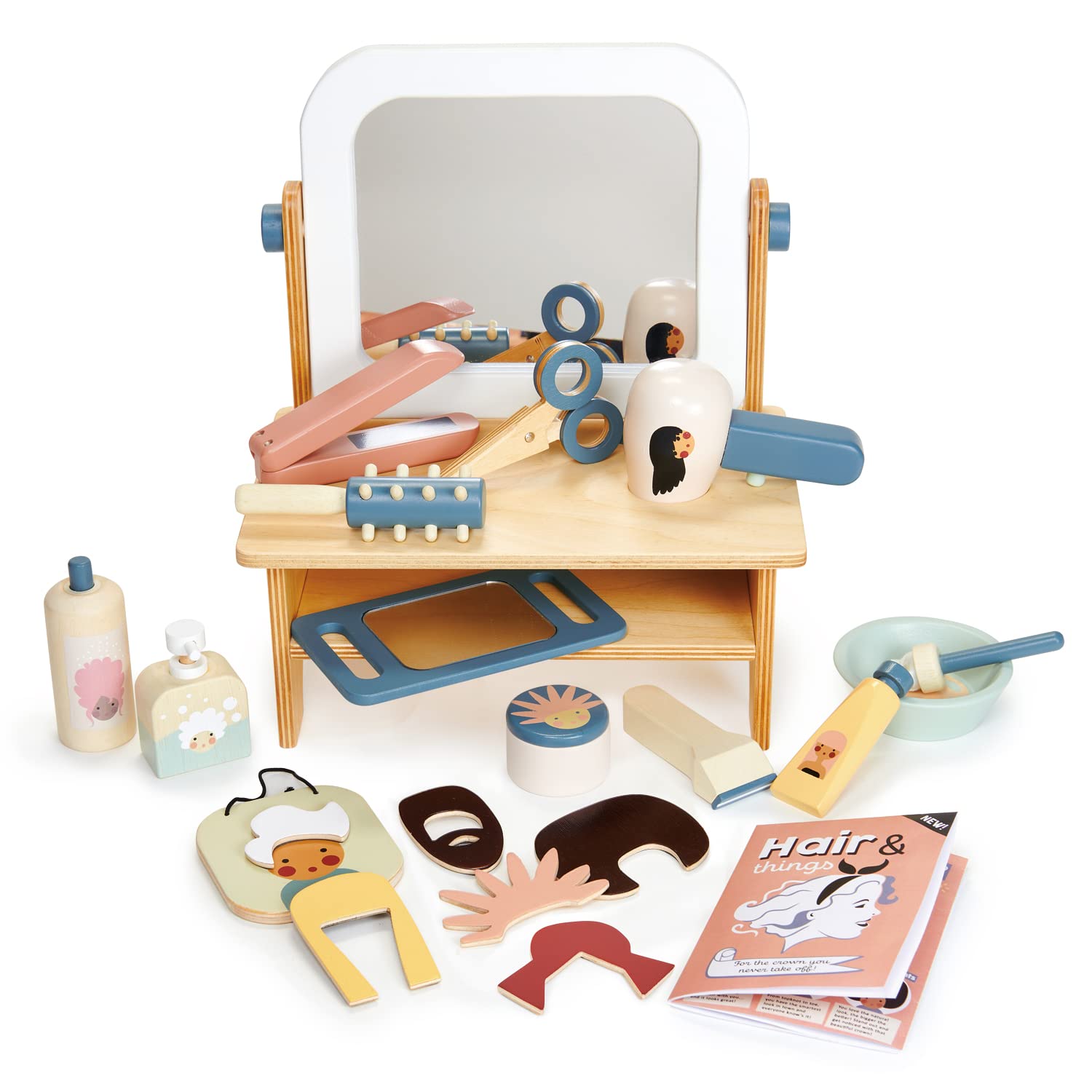 Tender Leaf Toys - Hair Salon - 21 Piece Pretend Play Wooden Hair Cutting Kit, Hairdresser Kit, Hair Styling Set with Tilting Mirror - Encourages Role-Play, Story Invention in Boys and Girls - Age 3+