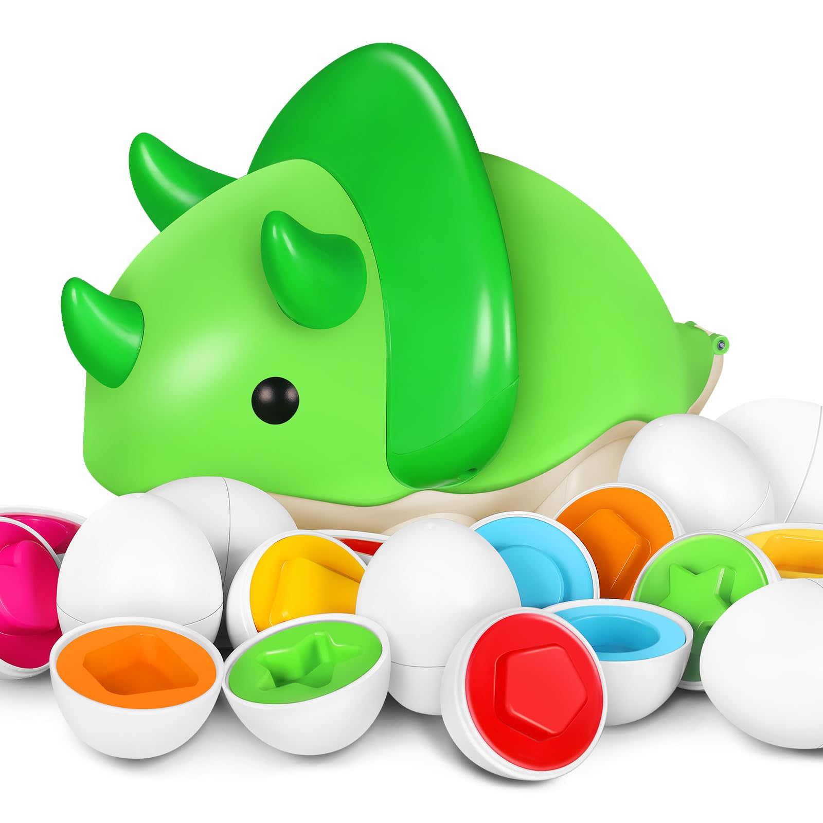 MENGBEI Plastic Easter Egg Toy for Toddlers, 12 PCS Matching Egg with Dinosaur Storage Case, Kid Montessori Color Shape Sorter Sensory Toys, Easter Basket Egg Gift for Baby Girl Boy Ages 18+ Months