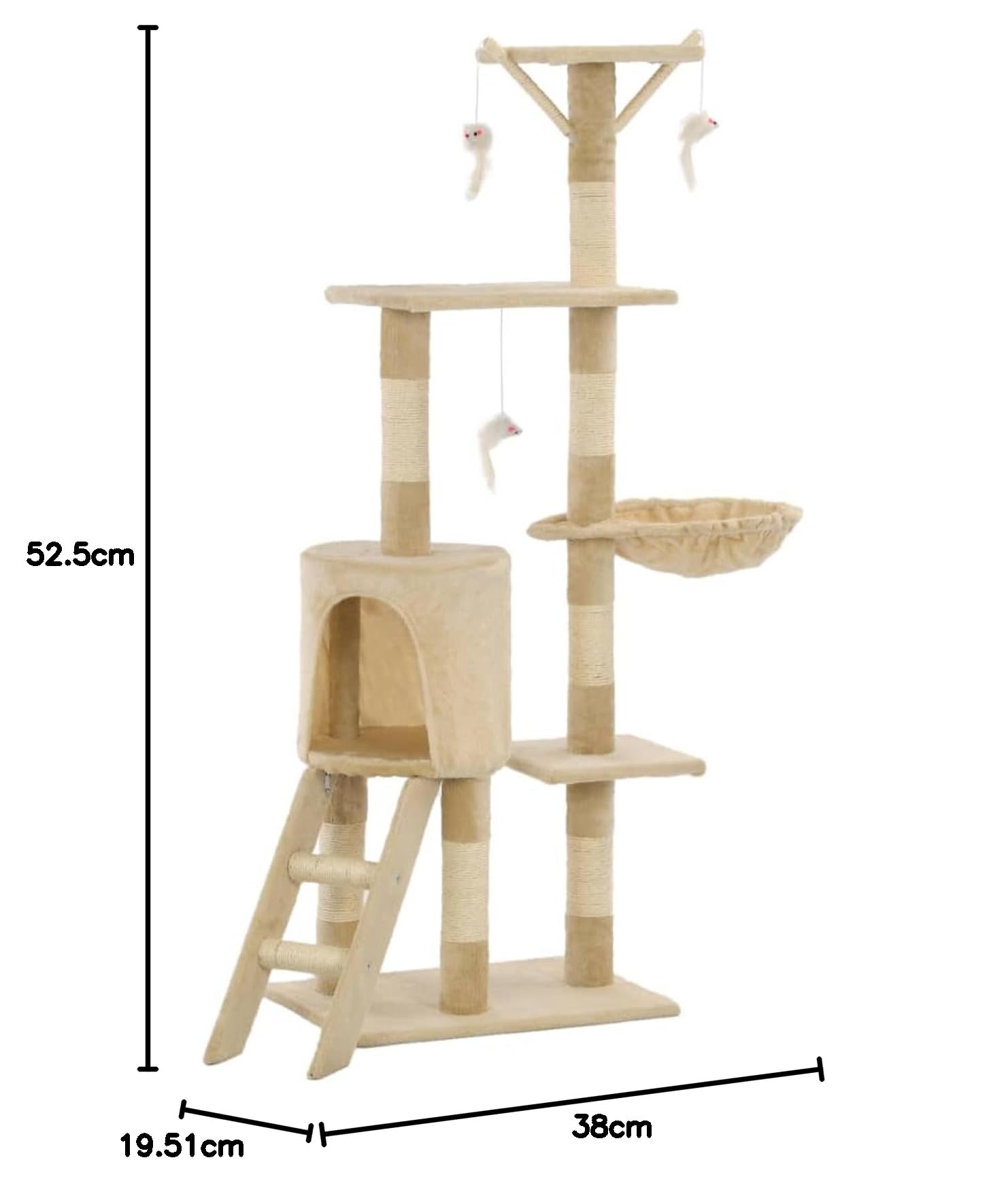 Homgoday Rascador para Gatos con Casa y Juguetes, 138 cm, Beige, Poste de Sisal y Estructura de Tablero de Partículas