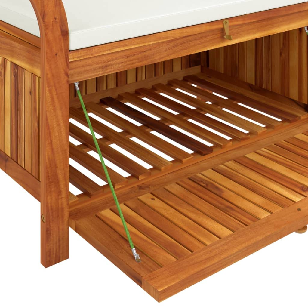 Banc de Rangement Extérieur en Bois D'acacia avec Coussin Coffre de Rangement Jardin Coffre à Coussin (Blanc crème,91 x 50 x 60 cm)