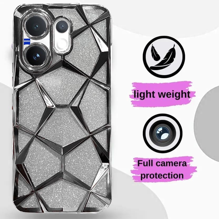 Image of VONZEE Gradient Glitter Case for VIVO V60, Luxury Electroplated 3D Cube, Diamond Bling Shiny Soft TPU Clear Shockproof Women Girls Protective Phone Cover (Silver)