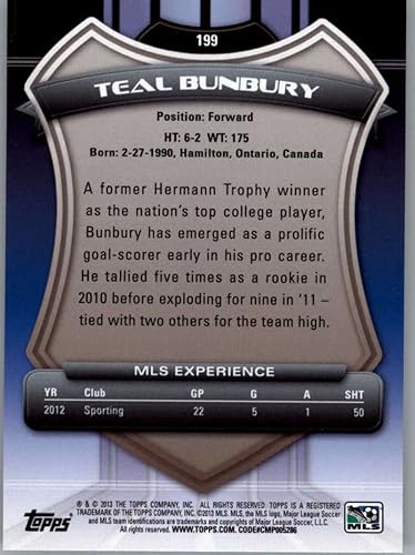 Miniatura 2 de 2013 Topps MLS #199 Teal Bunbury Sporting Kansas City Official Major League Soccer Card in Raw (NM or Better) Condition