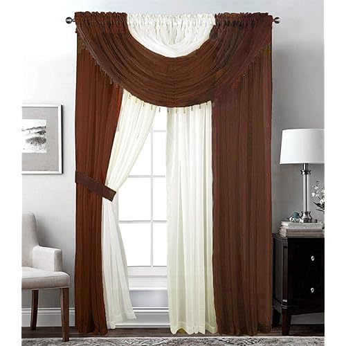 Sapphire Home Sheer Curtains - Two Tone 4 Panels Set w/Valance & Tiebacks, 55"x95", Lightweight Light-Filtering Window Curtain for Living Room, Bedroom, Kitchen, Dining Room - Chocolate/Beige