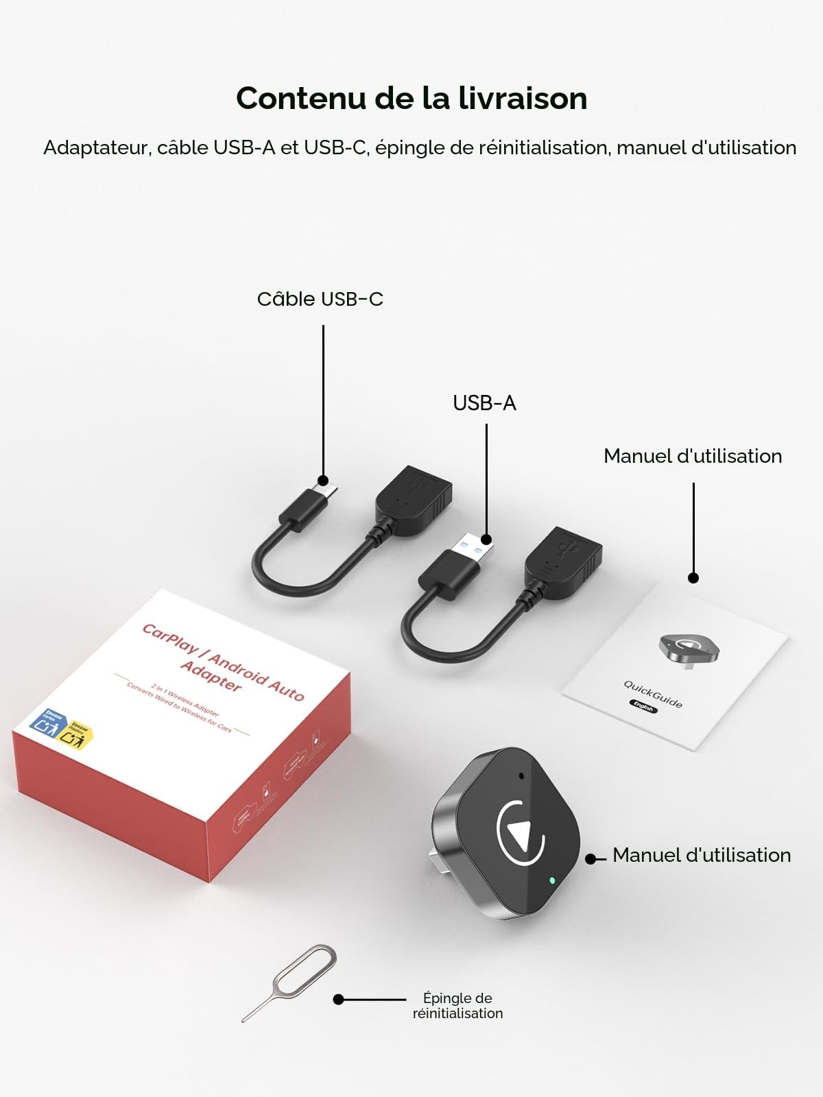 Spedal Adaptateur CarPlay/Android Auto sans Fil 5Ghz, Plug & Play, Compatible Voitures 2016+ (Systeme OEM) - Double Bande WiFi, Connexion Automatique Stable Rapide (USB-A)