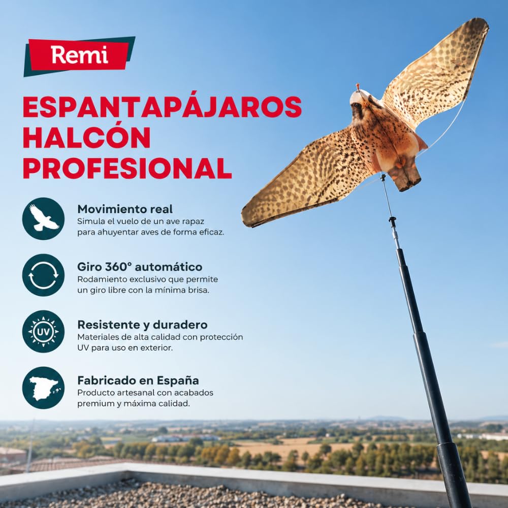 Espantapájaros Halcón Profesional Eolo | Ahuyenta Palomas y Aves | Movimiento Real de Vuelo | Protección UV | Fabricado en España | Mástil 7 Metros | Remi Hogar
