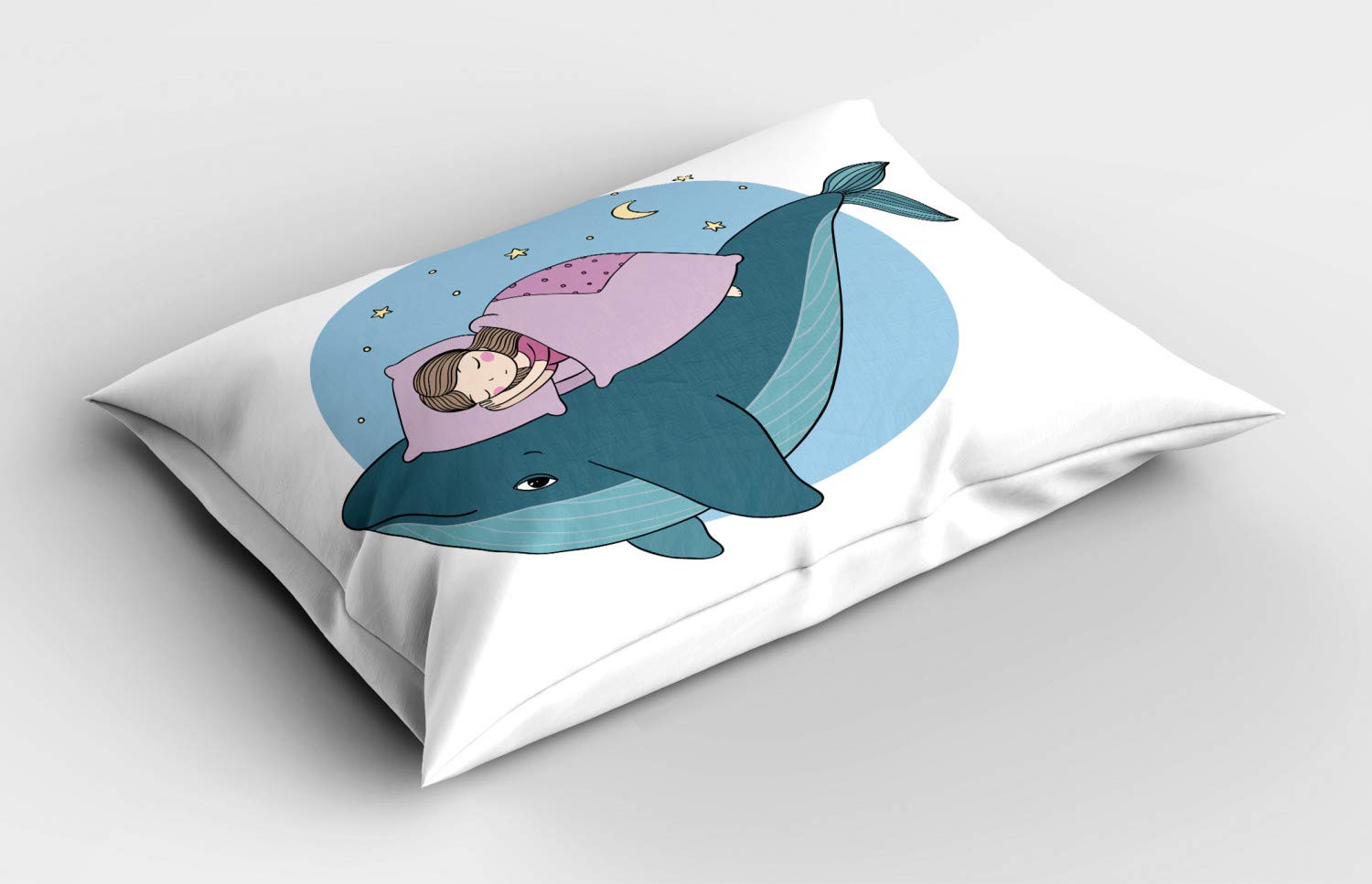 Ambesonne Whale Pillow Sham, Fantasy Vibes Sleeping Character on a Fish Bed in The Night Sea Illustratiob, Decorative Standard Size Printed Pillowcase, 26