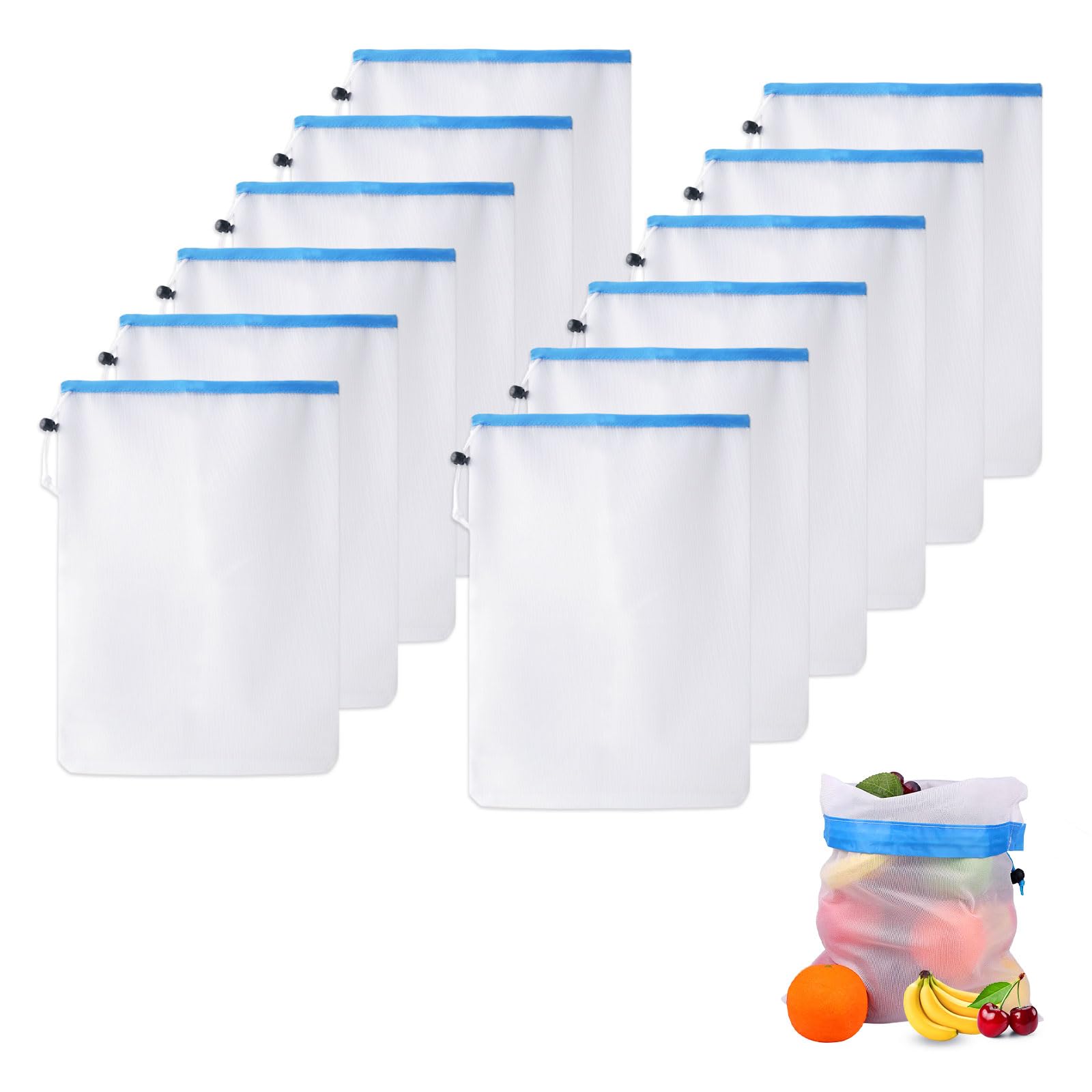 Sac Filet 12 Pièces 43 x 30 cm Réutilisable avec Cordon de Serrage pour Légumes Fruits
