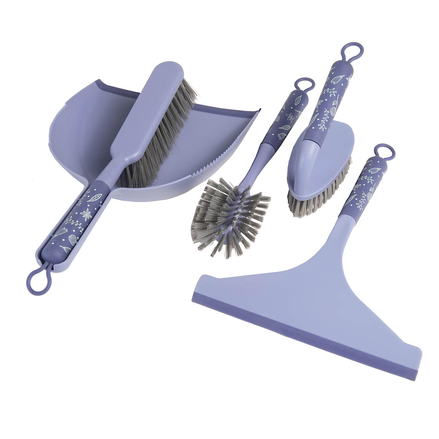 Coopers Of Stortford Blue - 5-Piece Purple Cleaning Set With Cushioned Floral Grips - Dish Brush, Glass Squeegee, Scrubbing Brush, Dustpan And Brush