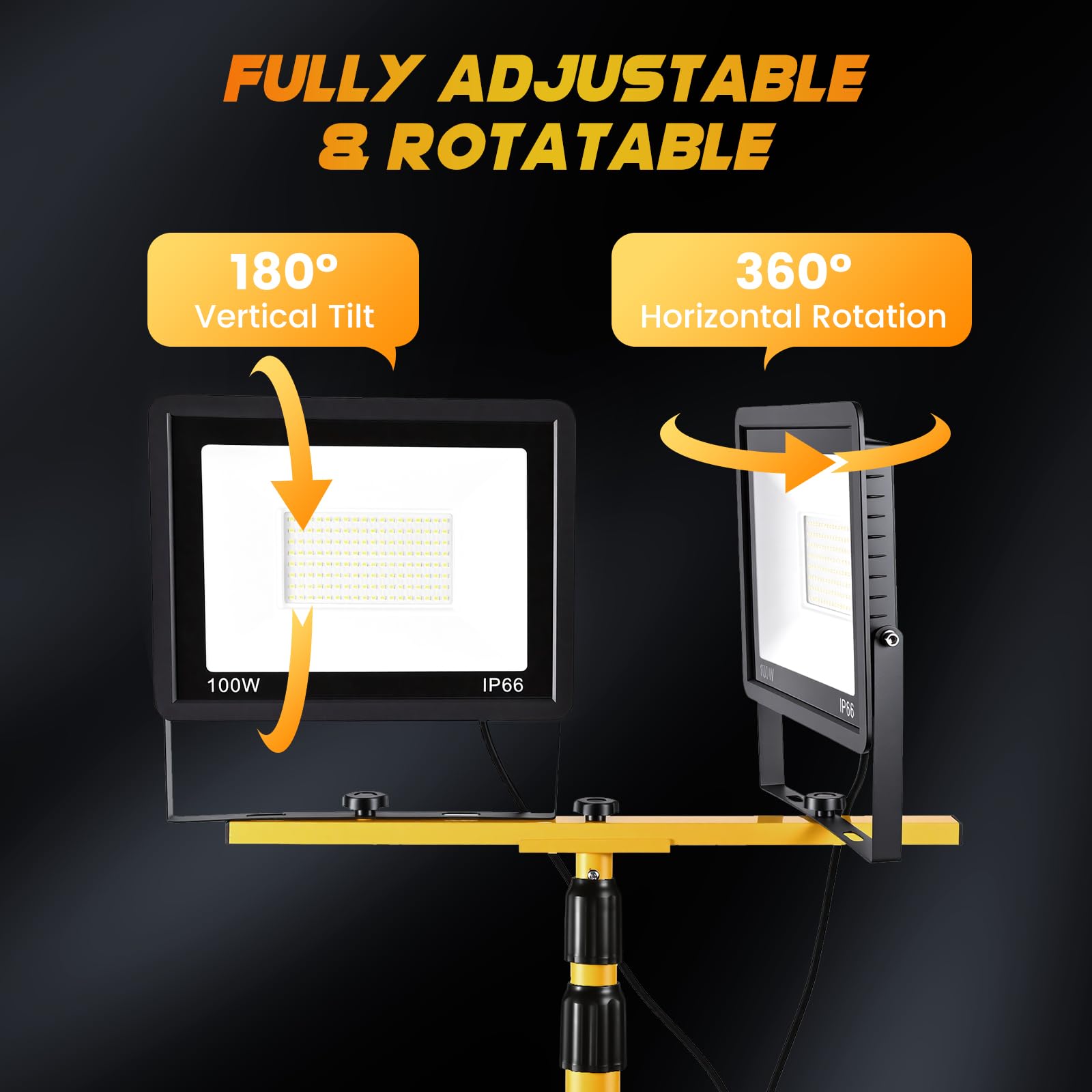 Baustrahler LED mit Stativ, 2x100W 21000LM Baustellenlampe, 5M Kabel IP66 Wasserdicht 72LEDs 360° Drehbar Bauscheinwerfer, höhenverstellbar Baustellenstrahler, für Garage & Baustelle