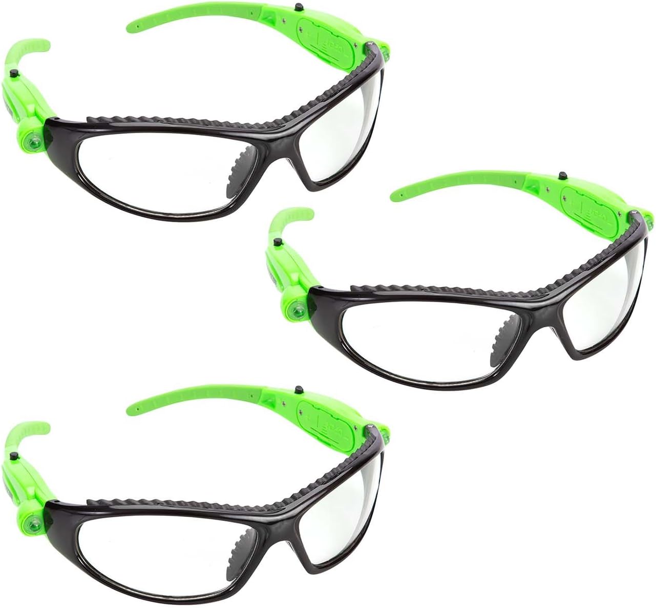 OEMTOOLS 26017PK3 Black & Green LED Safety Glasses, 3 Pack | LED Lights on Each End Piece Focus Directly Where You’re Looking | Work in Low Light | High-Impact Lenses | High-Visibility Green Coloring