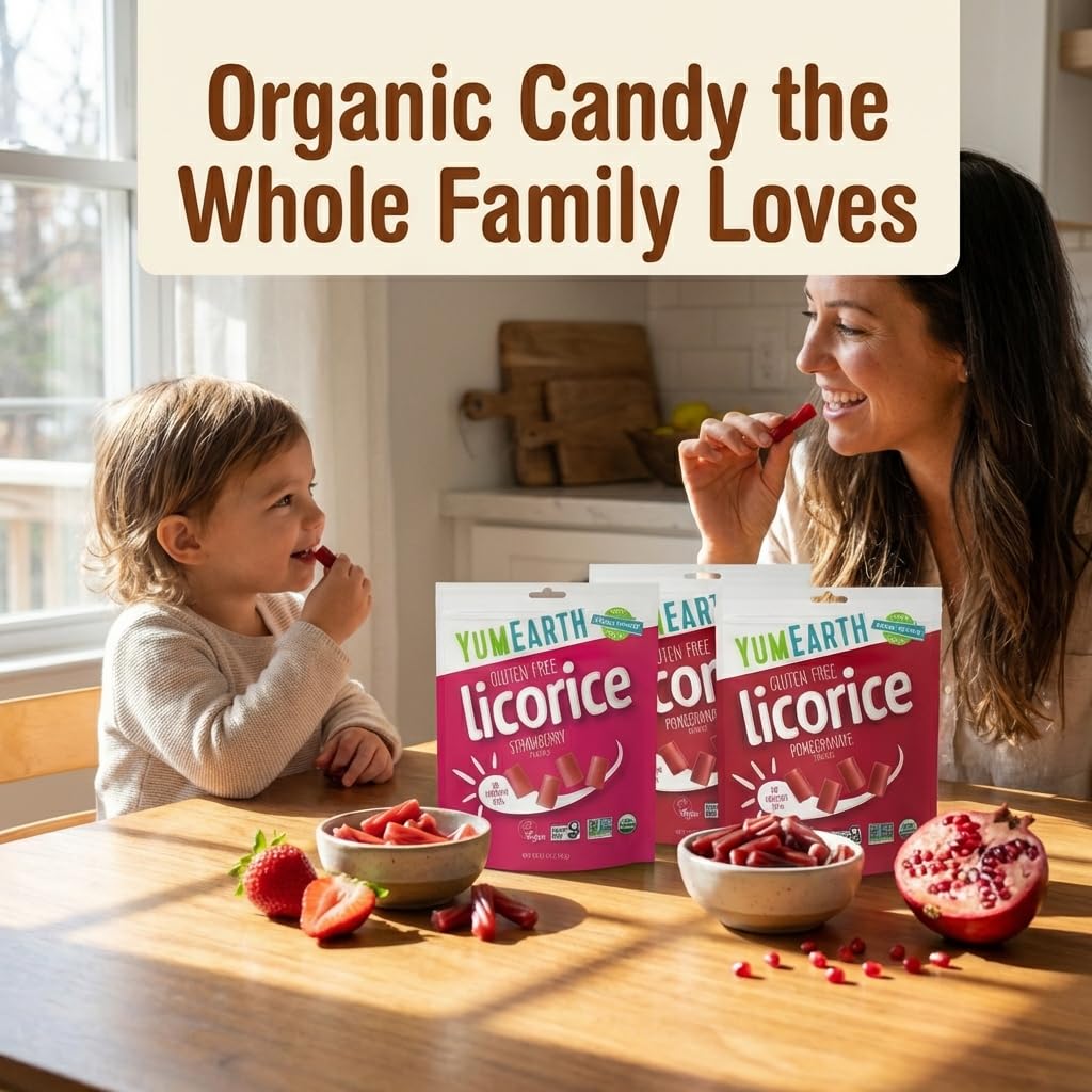 YumEarth Organic Licorice Variety Pack (4 Pack) – Strawberry (2), Pomegranate (1), Black (1) – Gluten Free, Vegan, Non-GMO, Allergy Friendly Soft Chewy Candy