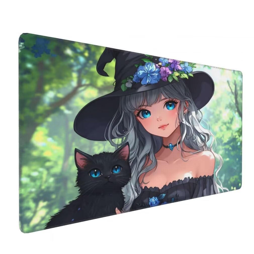 Tappetino Mouse XXL 1000x500mm Anime Grande Mouse Pad, Tappetino Scrivania Grande Mousepad Gaming con Bordi Cuciti, Tappeto Scrivania con Base Antiscivolo per Ufficio e Casa (Gatto Fata) -MP1566