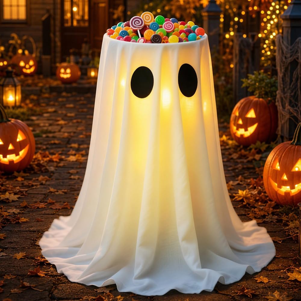 Halloween Candy Bowl Light Up, Ghost Sweet Bowls Stand with 8 Modes Lights