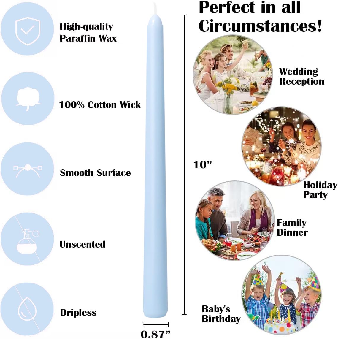 Eisblaue Spitzkerzen, 25,4 cm, geruchlos, tropffrei, lange Brenndauer von 7–8 Stunden, perfekt für Heimdekoration, Hochzeiten, Babypartys und Veranstaltungen, 12 Stück