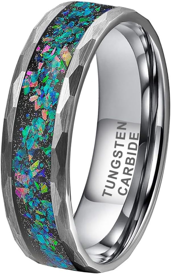 TUTISS 6mm 8mm Silver/Black Hammered Tungsten Rings for Men Women Couple Genuine Galaxy Opal Inlay Fashion Jewelry Engagement Wedding Bands Matte Finish Comfort Fit
