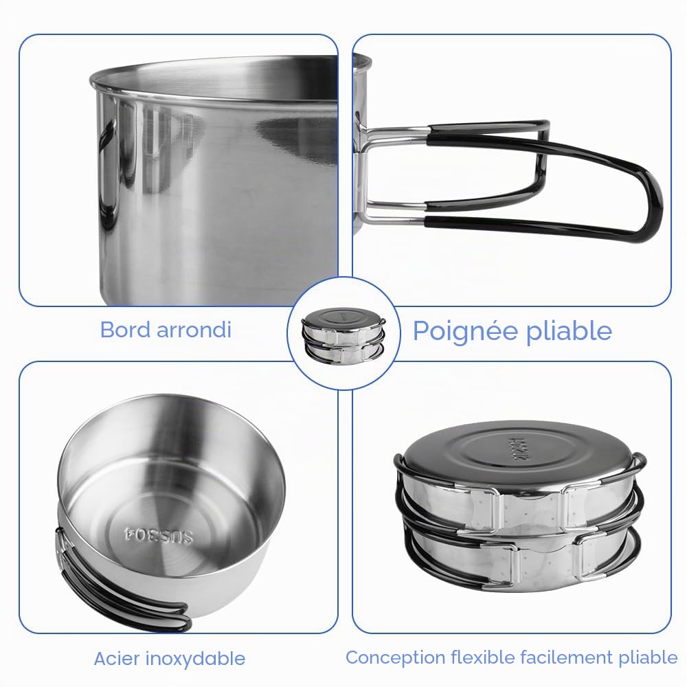Kit De Casseroles De Camping, 9 Pièces, Casserole Empilable Camping,Popote De Camping INOX, 2-3 Personnes, Casseroles Et Poëles De Camping, pour Pique-Nique, Camping, Randonnée