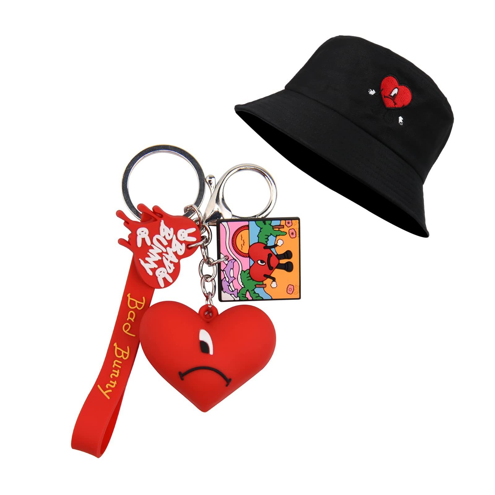Embroidered Bucket Hats Heart Bucket Hat Fishing Hat Top Sun Hat with Heart Keychain Black