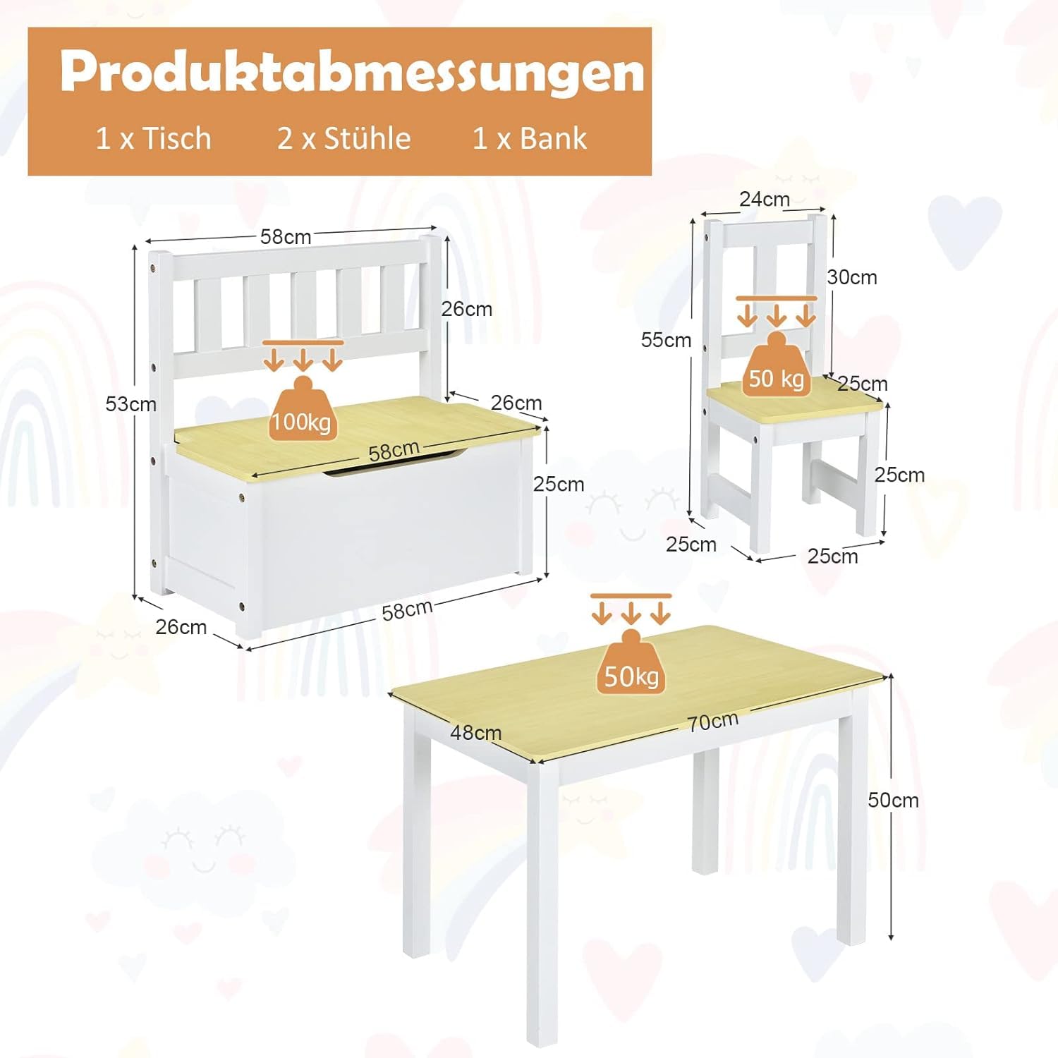 DREAMADE Kindetisch mit 2 Stühlen, Kindersitzgruppe aus Holz mit 22L Strauraum, Kindertruhenbank Kindermöbelset Holzsitzgruppe für Kinderzimmer, Spielzimmer, Wohnzimmer, Natur