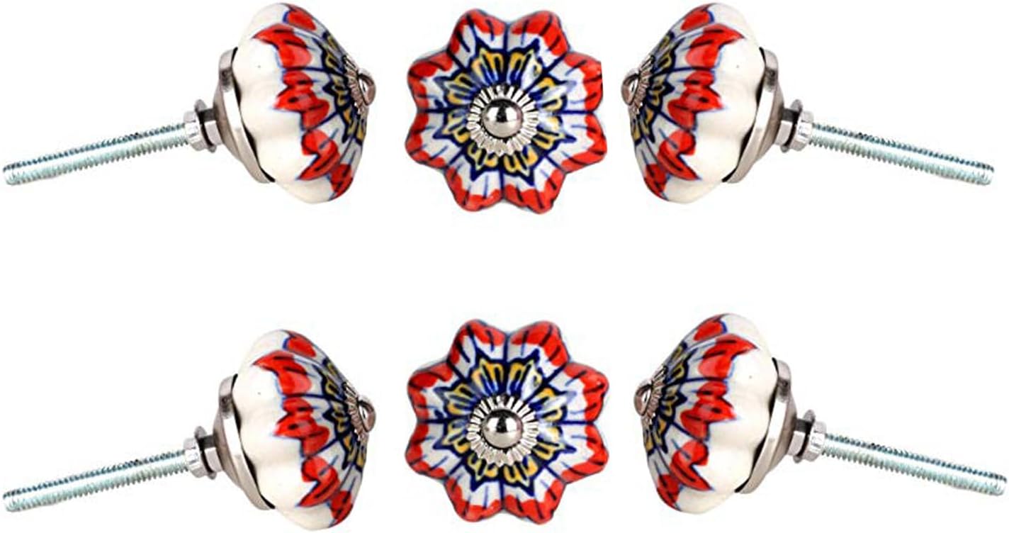 Perilla Home Set of 6 Ceramic Floral Red and White Knob Interior Exterior Passage Kitchen Cabinets Knobs Multi Design Antique Drawer Knobs Handmade for Closet | Hallway Doors | Bedrooms | Bathroom |