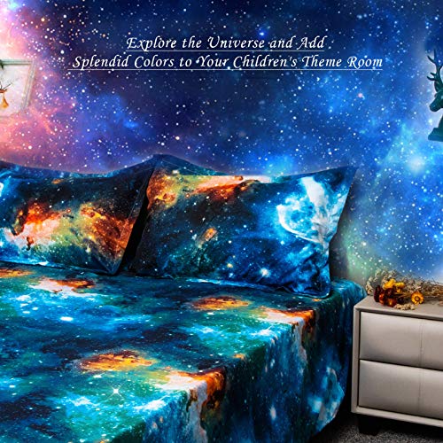 Bedlifes Galaxy Outer Space Sheet Set, Galaxy Themed, 3 pcs Including Flat Sheet, Fitted Sheet, and 1 Pillowcase (Blue Twin)