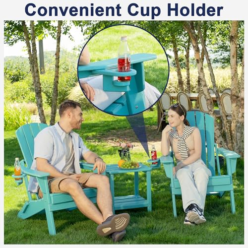 Plawdlik MWZD002 Folding Adirondack Chair, Sgs Tested, Wooden Textured With Cup Holder, Heavy All-Weather Hdpe Comfortable Set Poolside Backyard Lawn Aruba Blue thumb #3