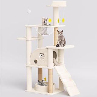 X XBEN 55in Cat Tree Tower, Multi-Level Cat Condo for Large Cats with Large Space Capsule Nest, Cave, Step Ladder, Scratching Posts, Kitten Furniture Condo Activity Center Play House, Beige