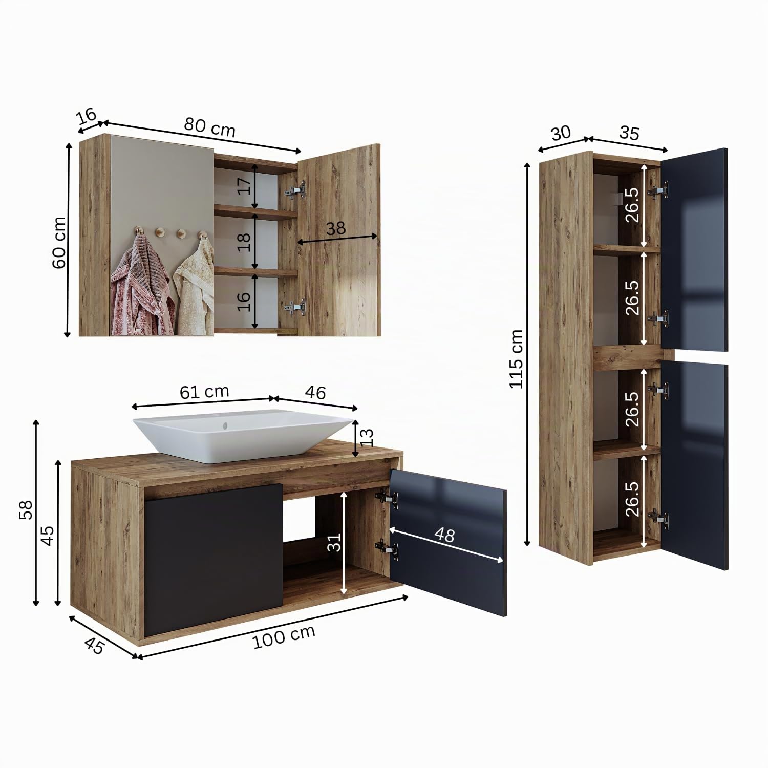 ROOMART • Badmöbel Set •Atlantic • 4 Teilig • 100 cm Unterschrank mit Keramikwaschbecken • Spiegelschrank • Hochscrank (Anthrazit Eiche)
