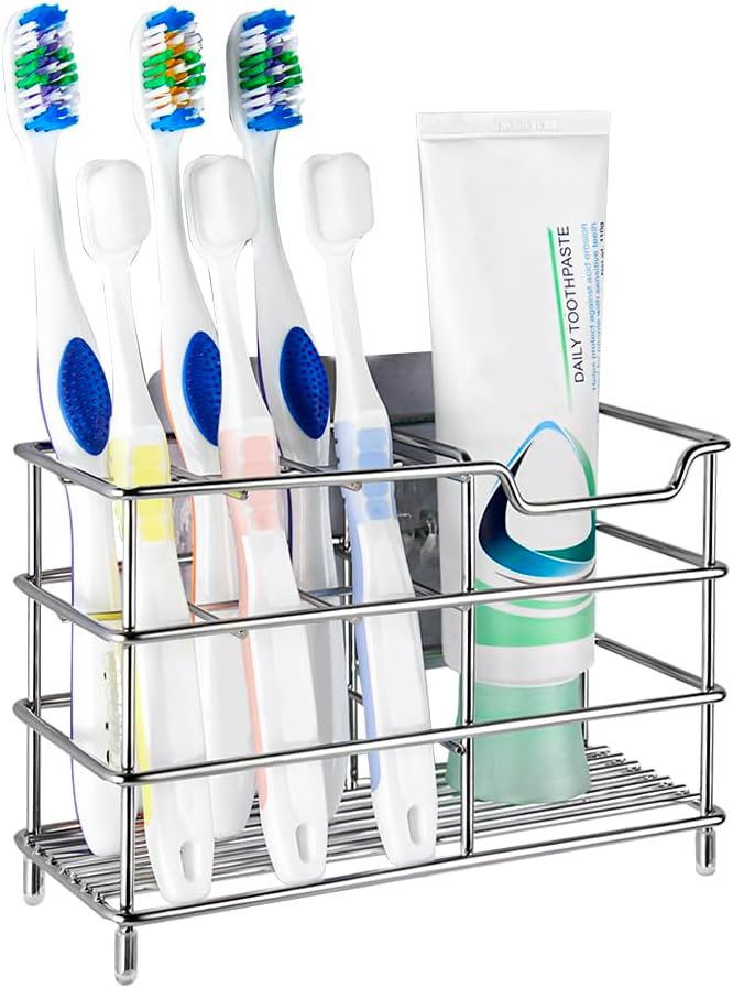 Linkidea Stainless Steel Toothbrush Holder Stand for Shower, Bathroom, Wall Mount/Countertop 7 Slot Organizer for Manual Toothbrush, Compatible with Colgate Extra Clean, Oral-B CrossAction