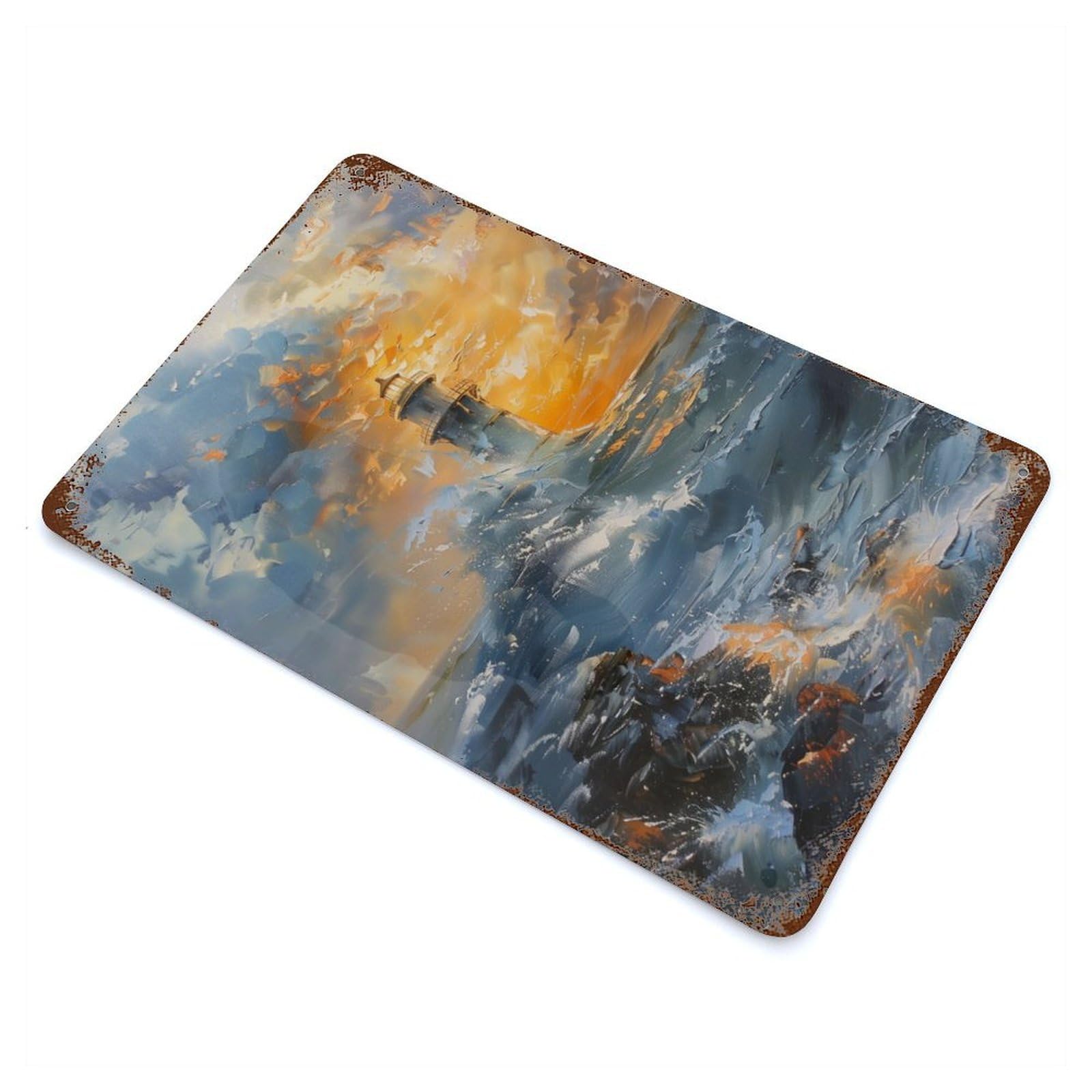 Sunset Waves Lighthouse Rust Effect Tin Sign 11.8"x7.9", Retro Wall Decor for Patio, Garden Room And Bar Decor