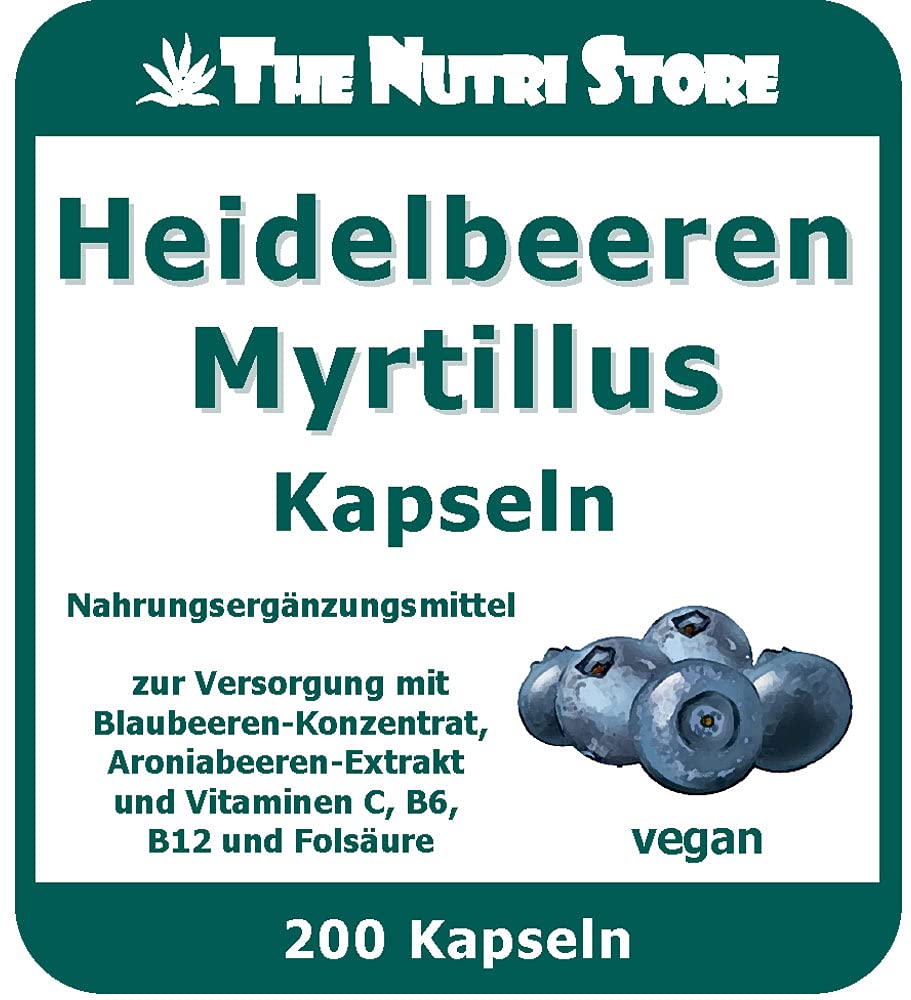 Heidelbeeren Myrtillus vegane Kapseln 200 Stk. mit Blaubeeren-Konzentrat, Aroniabeeren-Extrakt und Vitaminen C, B6, B12 und Folsäure