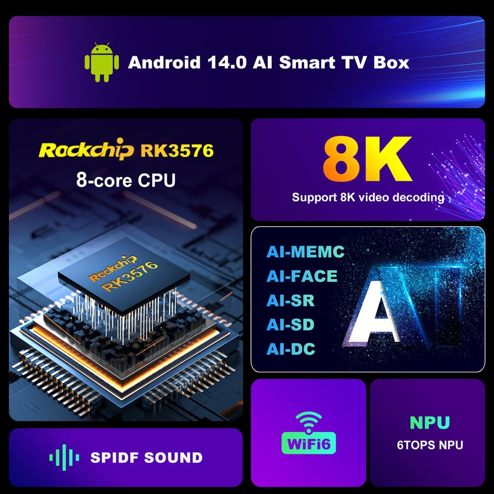 CHROX Boîtier TV Android 14.0, Décodeur H96 Max M9S RK3576, Wi-FI 6, Ethernet 1000 Mbit/S, USB 3.0, BT 5.4, Compatible AV1, 8K, 30 IPS, 4K, H.265, HDR,4gb+32gb
