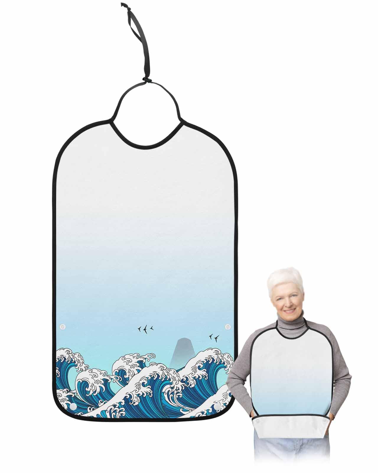 LEOKOTI Blue Ombre Coastal Adult Bibs for Eating, Waterproof Bibs with Food Catcher & Adjustable Snap Closure, Modern Blue Sea Wave Abstract Art Washable Clothing Protectors Adult Bibs for Elderly
