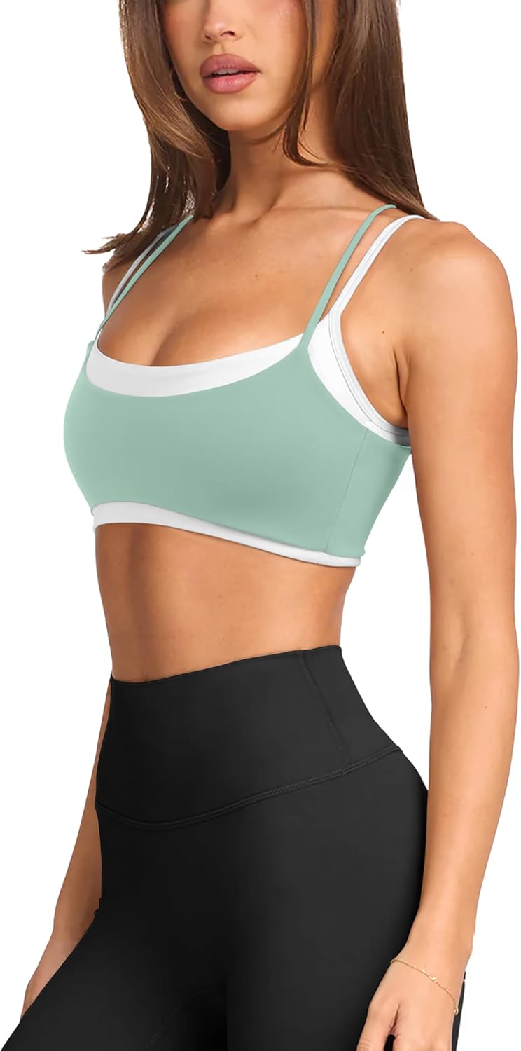 LASLULU Womens Double Layered Sports Bra Adjustable Spaghetti Straps Sexy Scoop Neck Wireless Padded Workout Yoga Crop Tops - Image 2