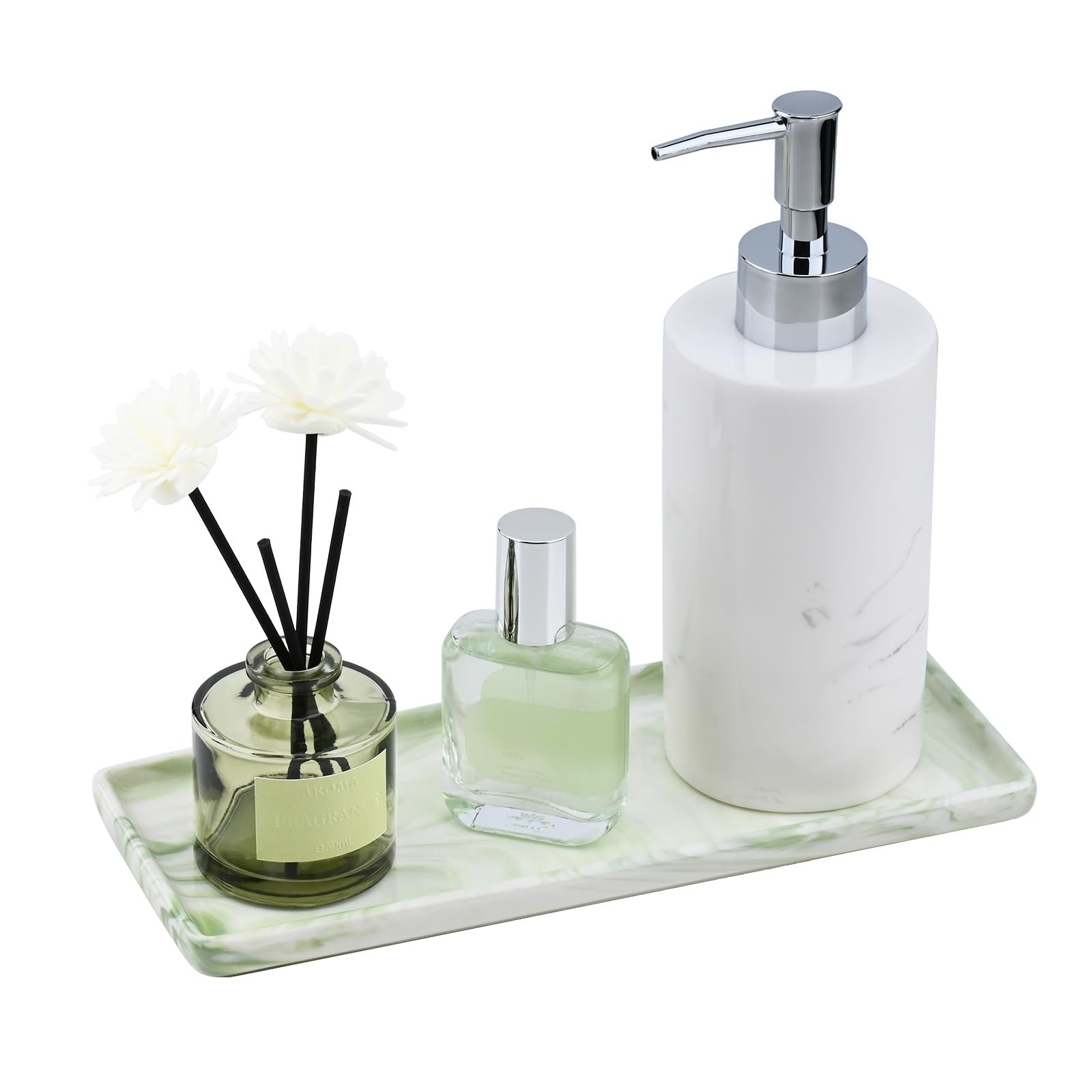 YoHyien Ceramic Vanity Tray, Bathroom Tray Organiser, Decorative Trinket Dish for Dresser, Rectangle Jewellery Plate for Cosmetics, Perfume, Soap Dispenser, Candle (Green)