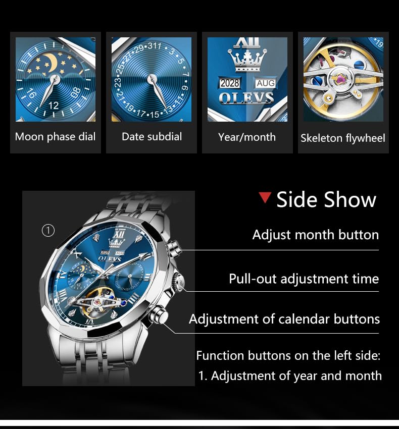 Image of OLEVS Men Automatic Watch Diamond Skeleton Mechanical Luxury Self Winding Moon Phase Calendar Waterproof Wrist Watch for Men