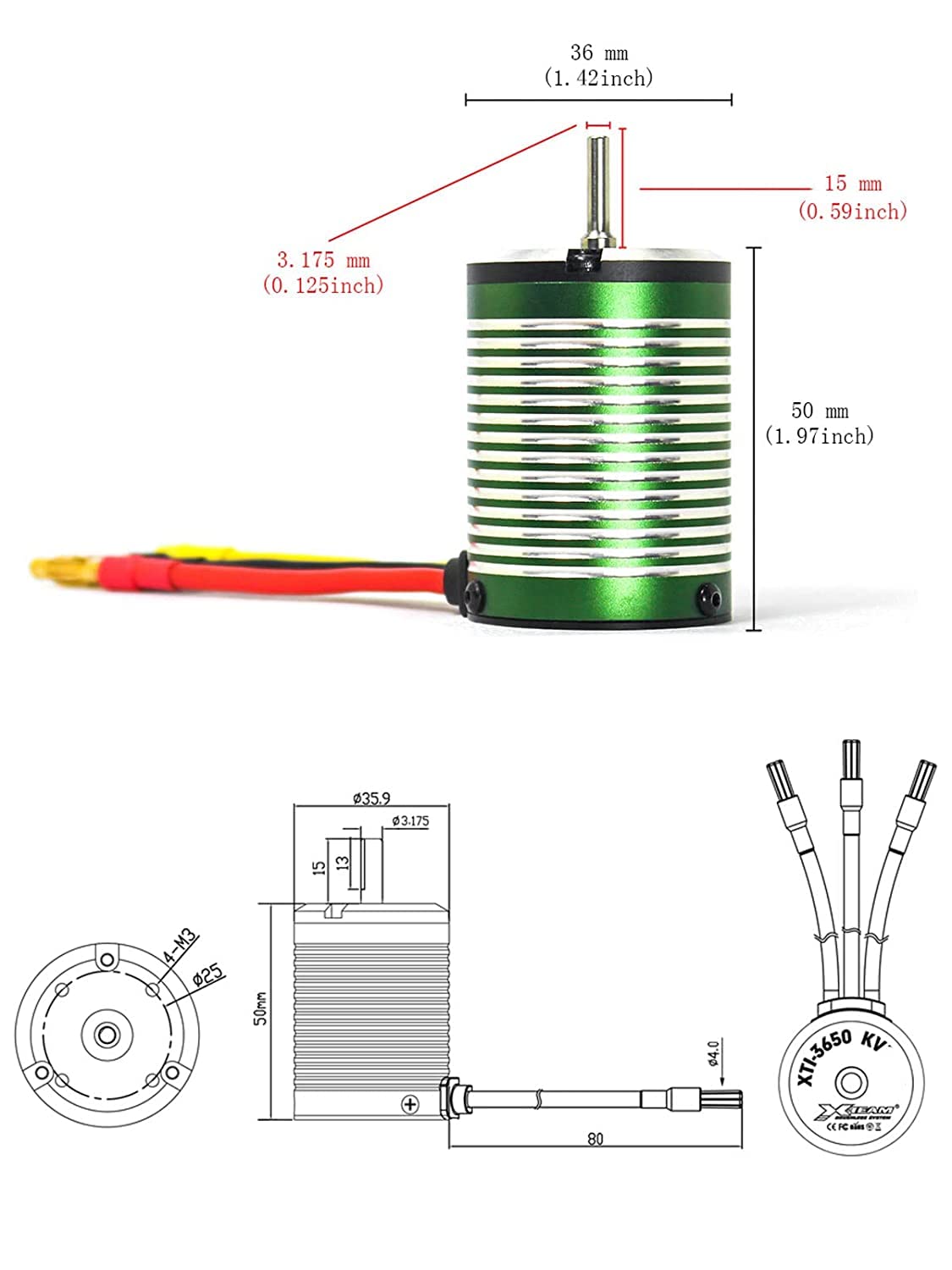 XTEAM 3650 2700KV Motor sin escobillas 1300W 60A 21V Diseño de 4 polos, adecuado para coche de carreras eléctrico RC 1/8 1/10 1/12, buggy, barco RC