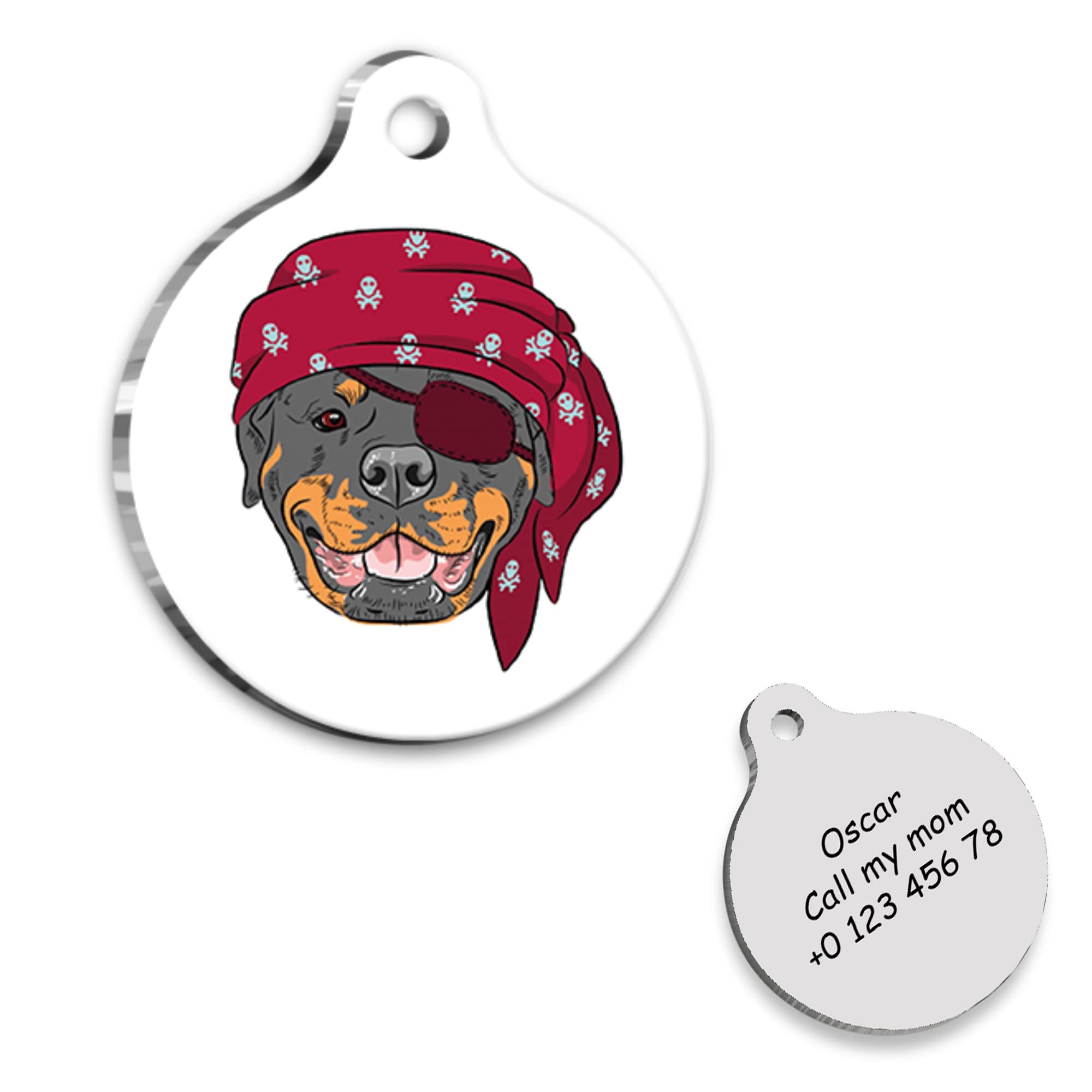 Rottweiler Pirate Dog Portrait Personalized Dog Tag - Rottweiler Custom Name Tag - ID Tag for Dog - Customized Pet Tags - Dog Name id Tag - Dog Name Tag - Engraved Dog Tag