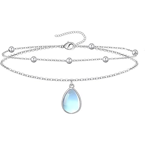 Larimar/Black Onxy/Turquoise/Moss Agate/Moonstone Anklet for Women Silver Adjustabl...