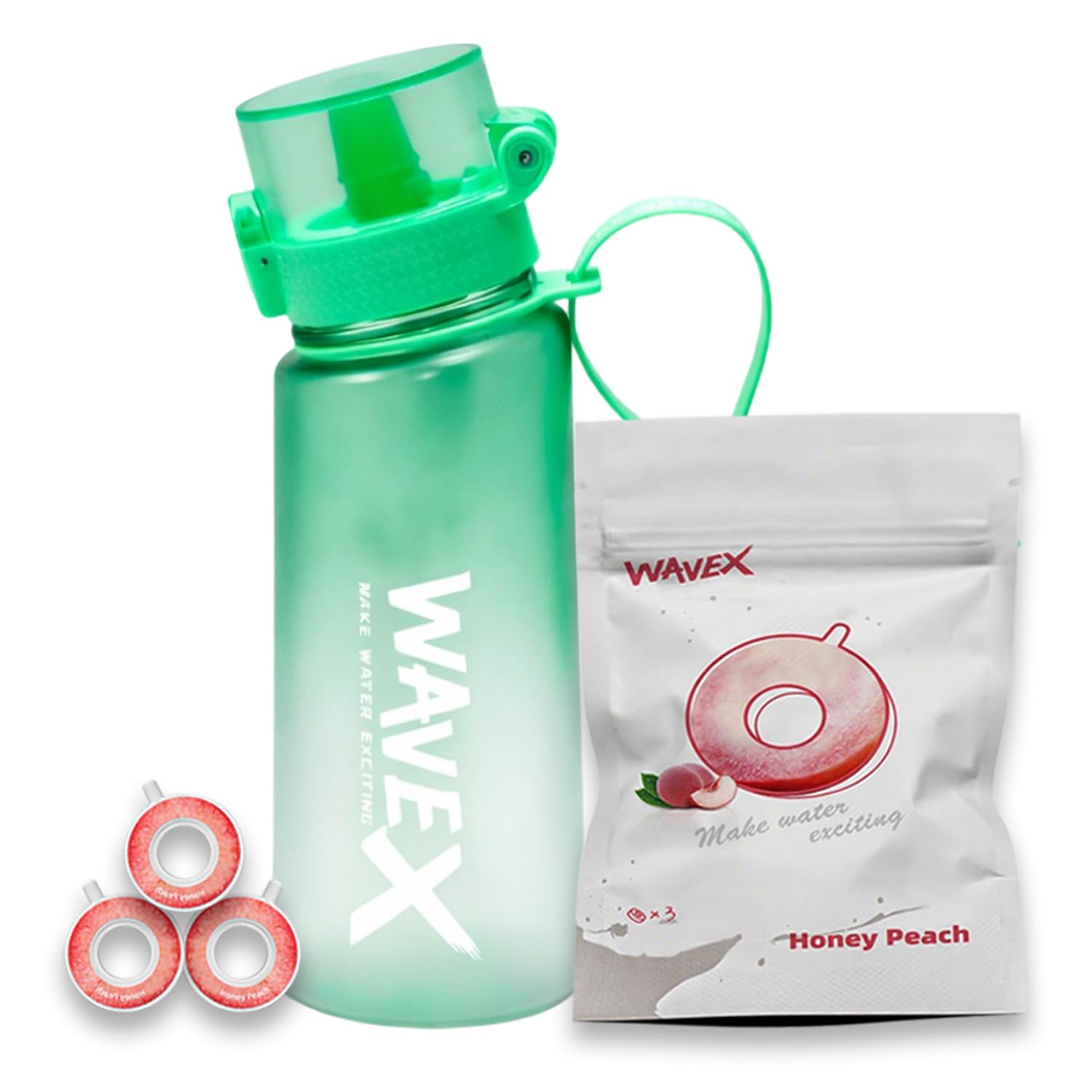 WaveX Scented Water Bottle, Includes 3 Honey Peach Aroma Scent Pods, BPA Free, Flip Top Leak-Proof Lid, Straw &amp; Carry Strap Included, Subtle Flavor Experience, No Sugar or Calories, (Sea Glass Green)