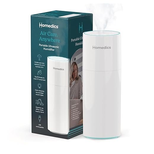 Homedics Portable Humidifier – Small Ultrasonic Cool Mist Humidifier for Bedroom, Desk & Travel, Mini Personal Humidifier, 7.7 oz Tank, Auto Shutoff, Night Light, Rechargeable (Gloss White)